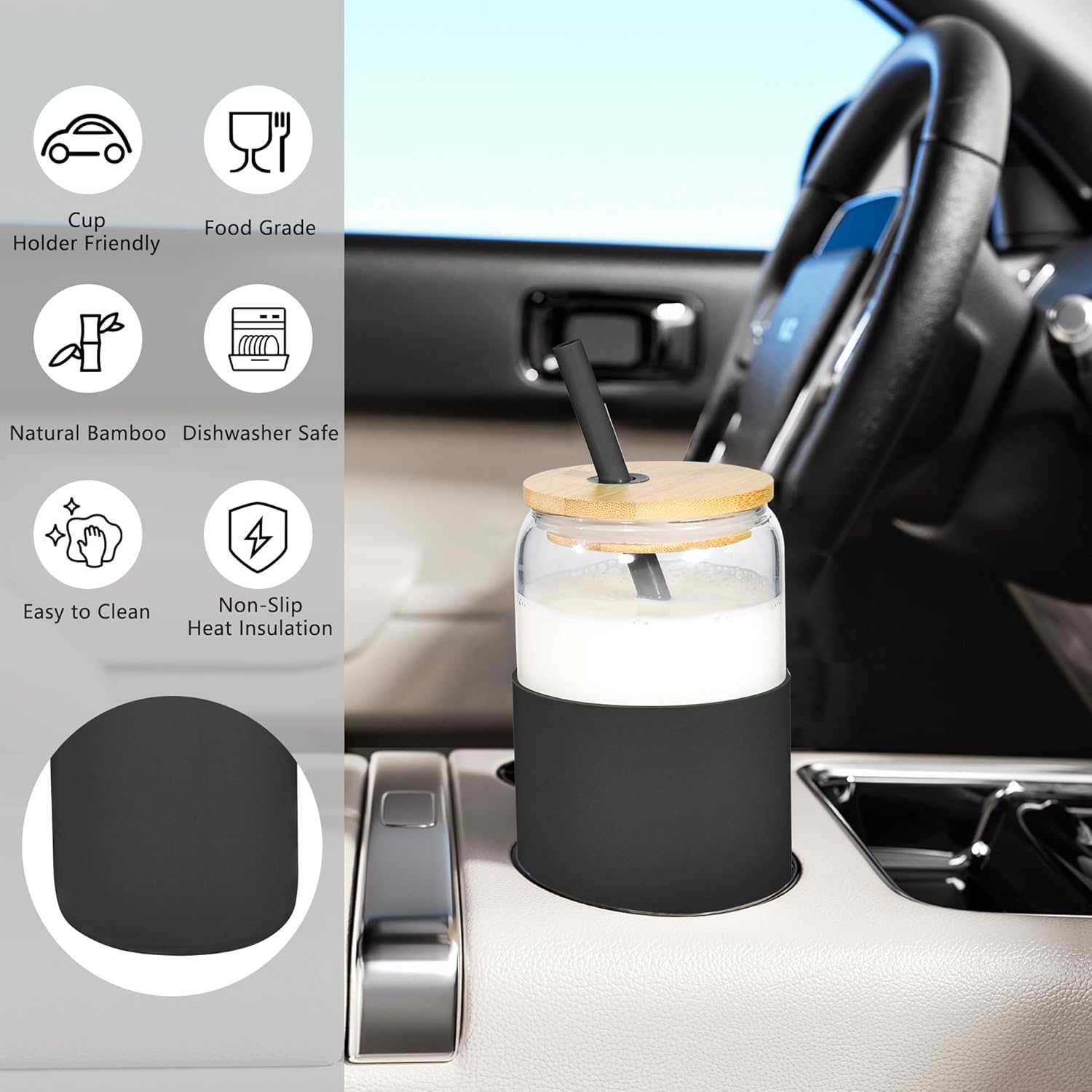 20oz Drinking Glasses Cups Set of 4 Beer Can Shaped Drinking Glasses with Silicone Protective Sleeve Straw Bamboo Lid Iced Coffee for Coffee Smoothie Boba Tea(Black*4) - Image 3