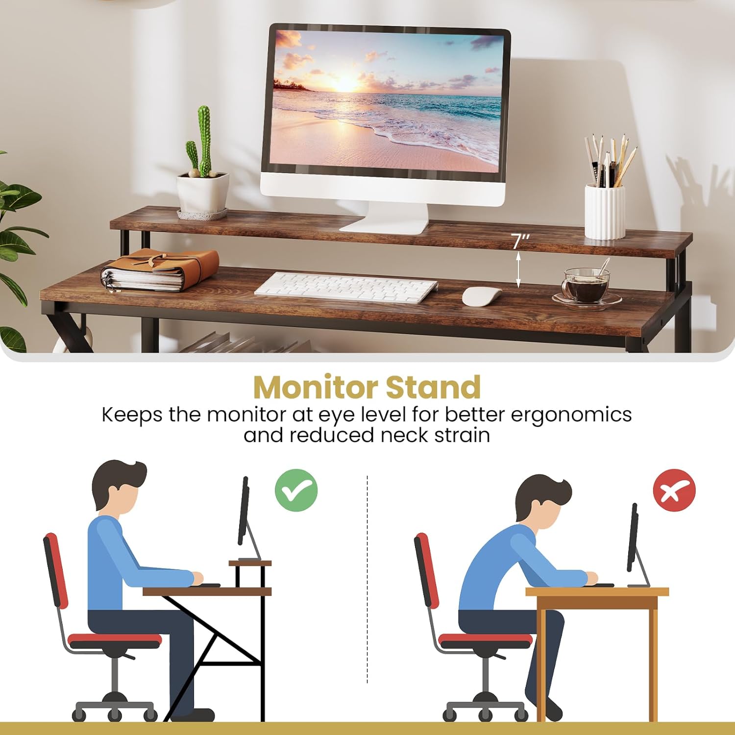 Giantex Small Desk with Storage, Compact Computer Desk for Small Spaces with Monitor Stand, Metal Frame & Earphone Hook, Laptop PC Table, Modern Writing Desk for Home Office, Bedroom (Rustic Brown)
