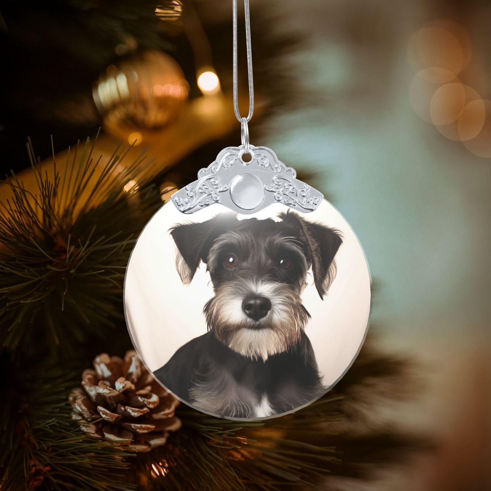 Crystal Christmas Ornaments for Christmas Tree Decoration Hanging Cute Schnauzer Ornament with Gold Ribbon Crafts Round Pendant for Keepsake Gifts Glass Xmas Decor Party Supplies