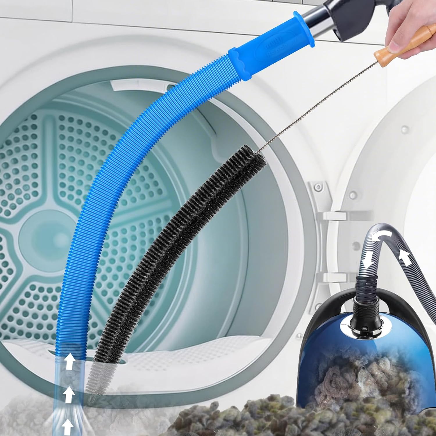Upgraded 2 Pieces Dryer Vent Cleaner Kit Compatible with Most Vacuum Cleaner, Flexible Dryer Lint Brush and Vacuum Hose Attachment, Quickly Lint Remove, Blue