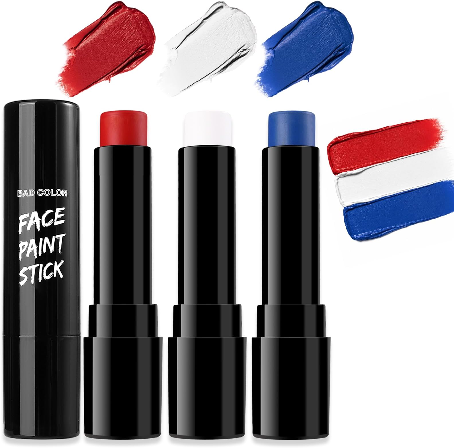 3PCS Blue White Red Face Body Paint Stick, Cream Blendable Eye Black for Softball Football Baseball Lacrosse American Flags, Professional Face Painting for Halloween SFX Independence Day
