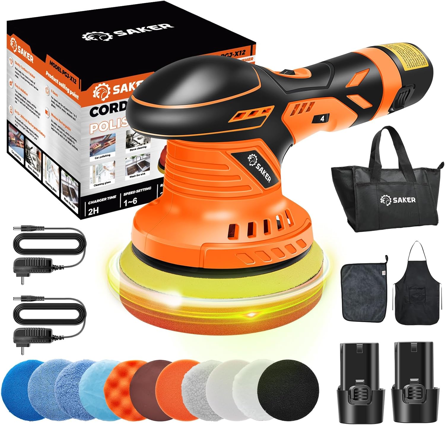 Saker 6 Inch Fast Charging Cordless Car Buffer Polisher Kit with 2 Battery Bundle 1 Charger DC 5521 Male Adapter Input：100-240V~50/60Hz 0.5A, Output：12V-600mA