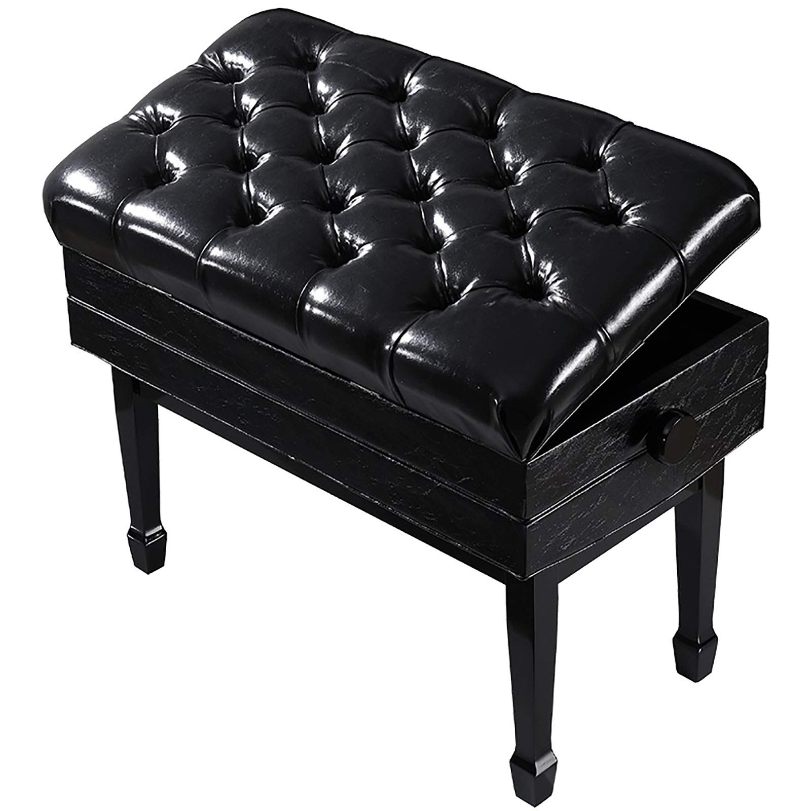 SDdPulse Klavierhocker, Klavierbank mit Massivholzbeinen, höhenverstellbar, Tastaturbank, Aufbewahrungsfunktion, PU-Leder, Massivholzrahmen, 55–65 cm, Schwarz