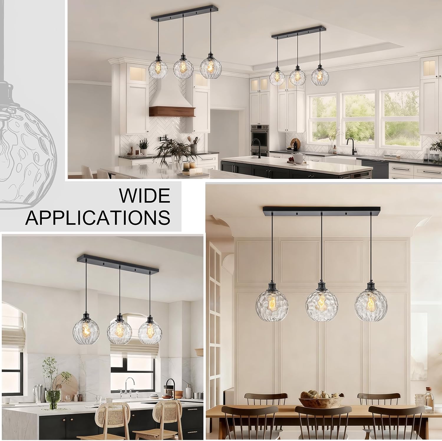 3 Light Pendant Lighting, Black Island Lights for Kitchen, 31.5" Globe Pendant Light with Clear Hammered Glass Shade, Adjustable Farmhouse Hanging Light Fixtures for Dining Room