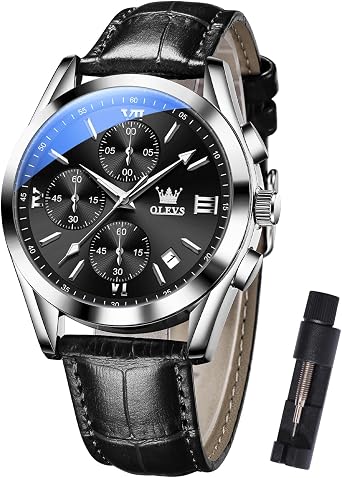 OLEVS Men's Waterproof Chronograph Watch Leather Strap Quartz Wristwatch Multi-Function Dial with Date Luminous Business Watches for Men