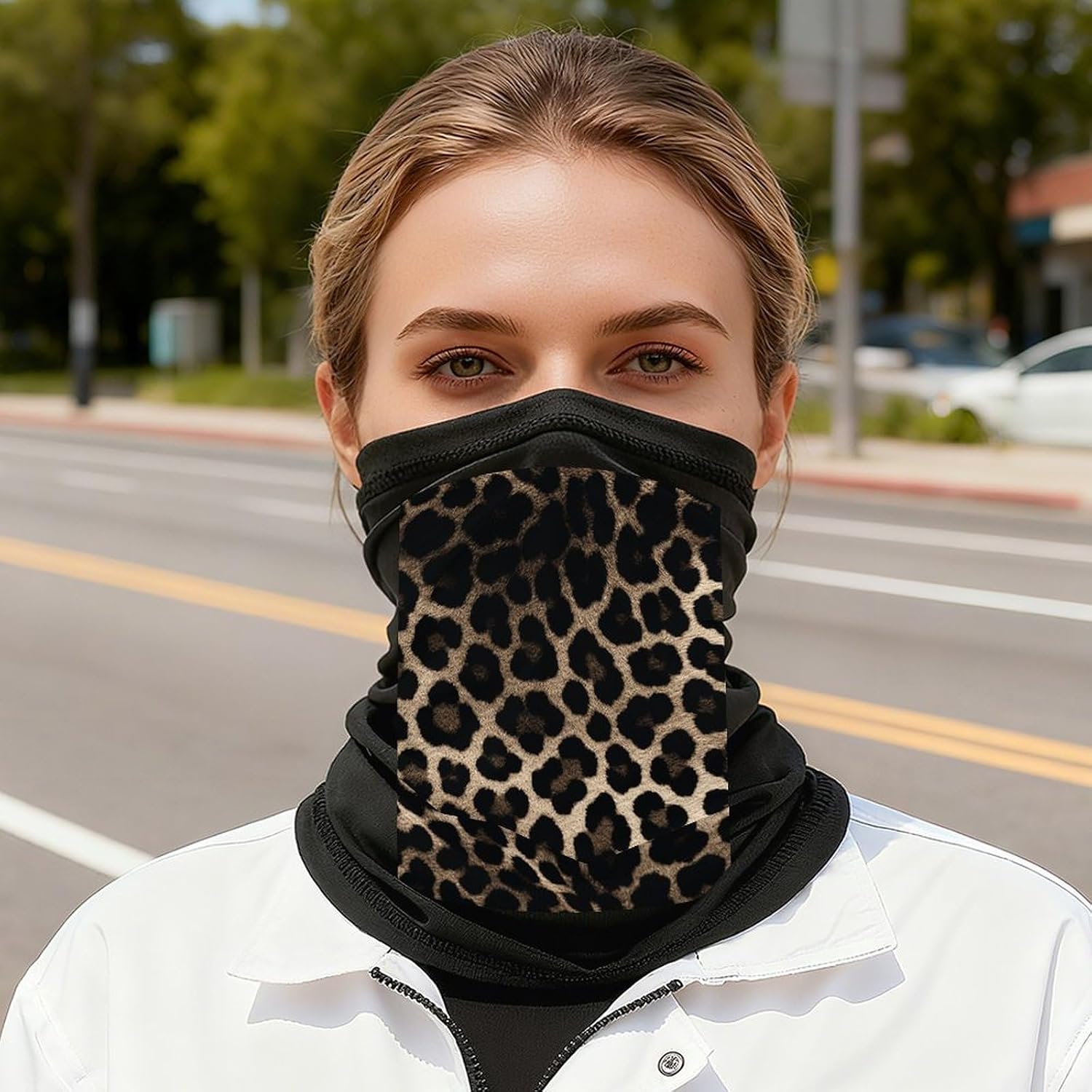 Black Leopard Print Neck Gaiter Face Mask UV Protection for Men Women, Breathable Quick Dry Face Cover Bandana Outdoor Sports Balaclava Wind-Proof for Hiking Skiing Motorcycle Cycling