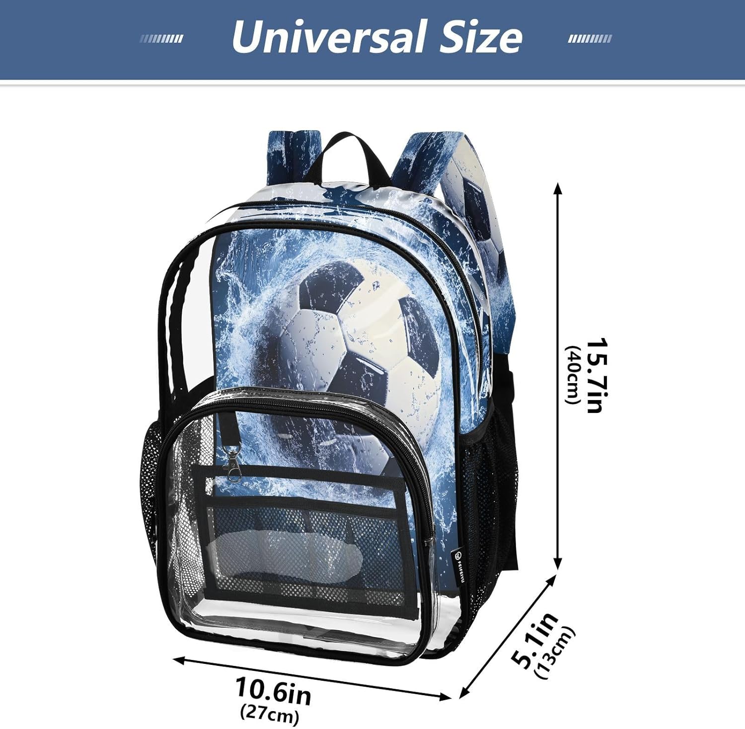 Soccer Football Blue Water Clear Backpack Heavy Duty See Through Transparent PVC BookBag for Kids Boy Girl Adult School Work
