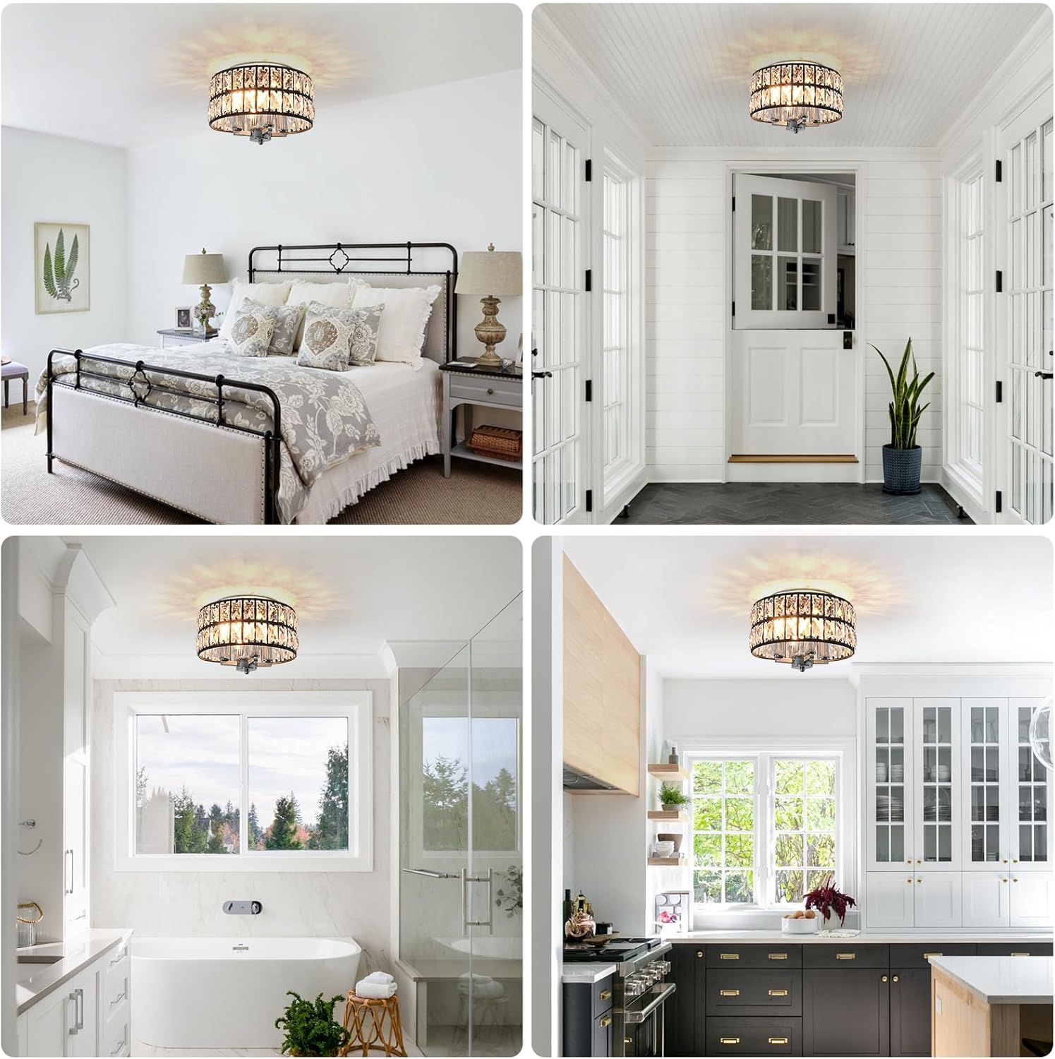 Black Chrome Crystal Ceiling Light, 4-Light 11.2 Inch Modern Flush Mount Chandelier, Crystal Flush Mount Ceiling Light Fixture for Bedroom, Kitchen, Bathroom, Hallway, Dining Room, Entryway