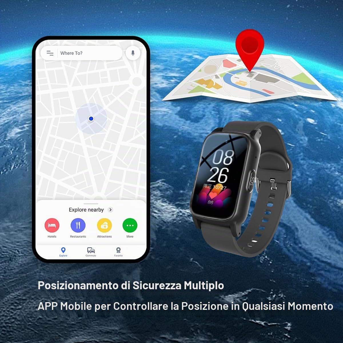 Orologio Salvavita per Anziani con Localizzazione GPS Avviso di Caduta Chiamata SOS Orologio Salvavita Adatto A Persone con DemenzaRed,1.25 * 0.57 * 2.22inch