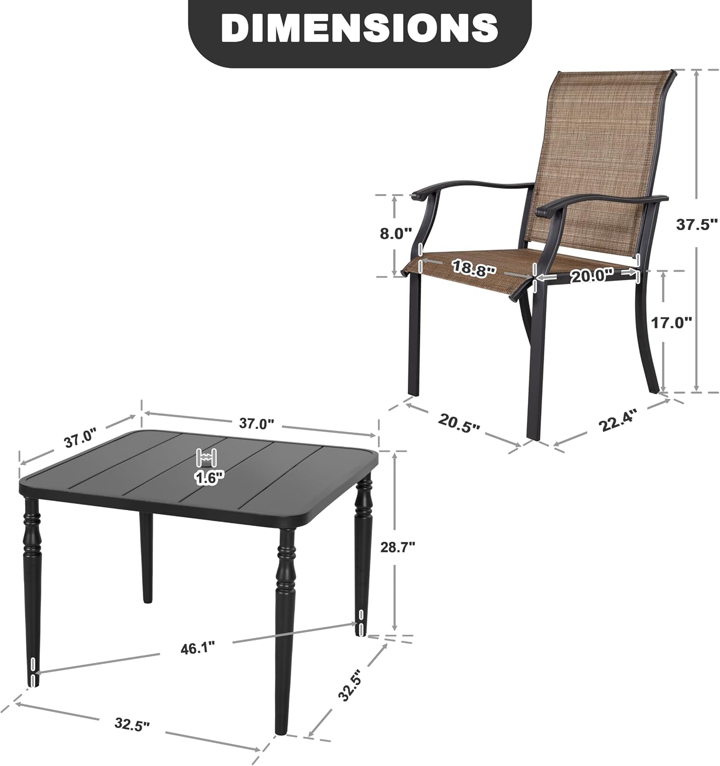 NUU GARDEN 5-Piece Patio Dining Set with Umbrella Hole Includes Slatted Square Table and 4 Ergonomic Textilene Chairs All-Weather Furniture for Garden Backyard Deck Poolside Black Brown