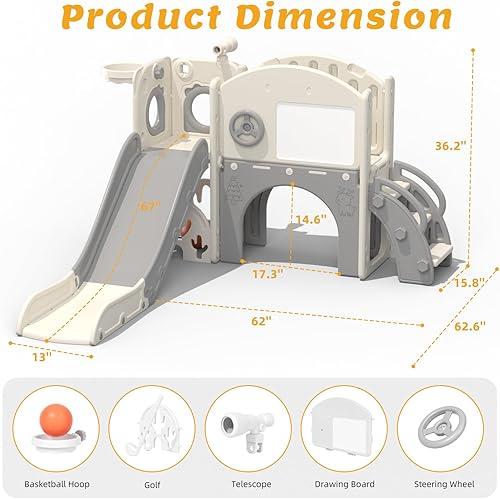 Miniatura 8 de 67i Tobogán infantil para interiores con tabla de dibujo, juego de golf, aro de baloncesto, parque infantil para niños de 1 a 3 años, escalones