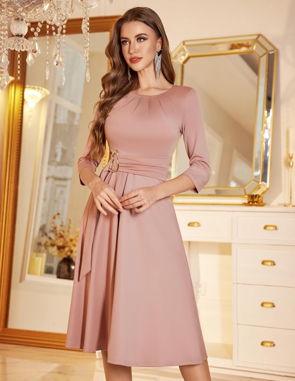 Dressystar Women's Wedding Guest Dress Fall Midi A Line Swing Long Sleeve Ruched Elegant Formal Cocktail Party Dresses 2025 Dusty Rose Blush Pink L - Image 4