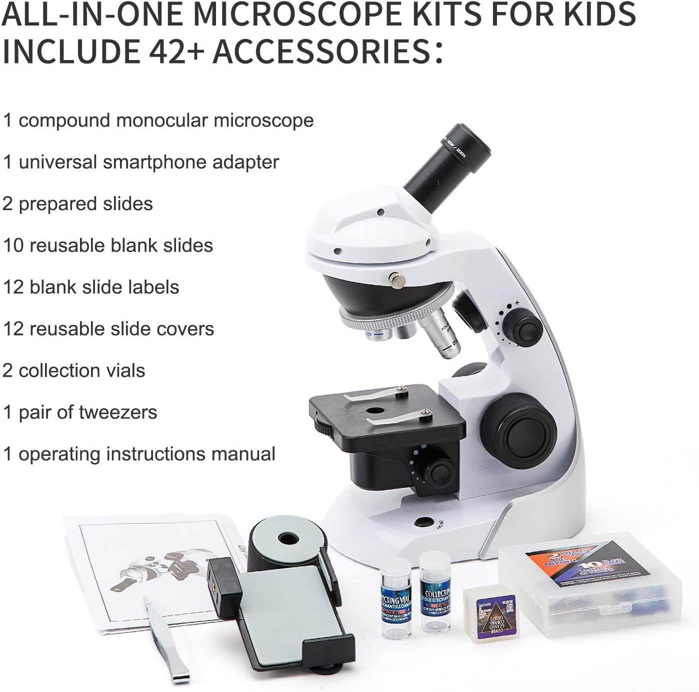 SWIFT Microscopio SS30-8001 para niños y estudiantes 60X-200X, microscopio monocular compuesto con 42 accesorios incluyendo adaptador de smartphone, 10 diapositivas en blanco para principiantes