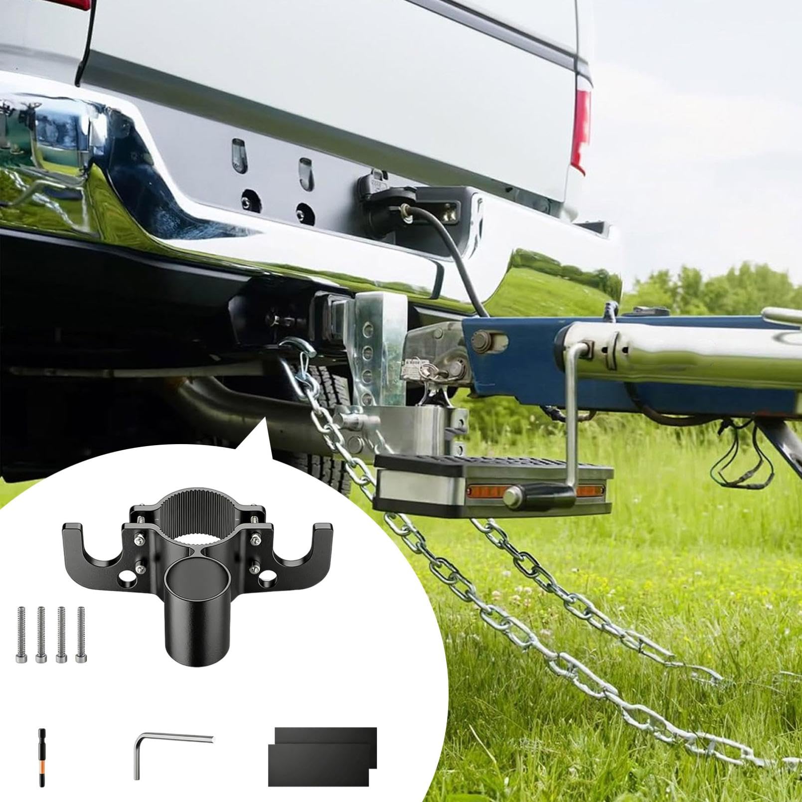 Trailer Chain Organizer Heavy Duty Aluminum Alloy 7 Way Plug Holder for RV Trailer Towing Accessory Secure Chain Management Heavy Duty Hitch Chains Holder with Inverted Plug Holder (Black) — view 6