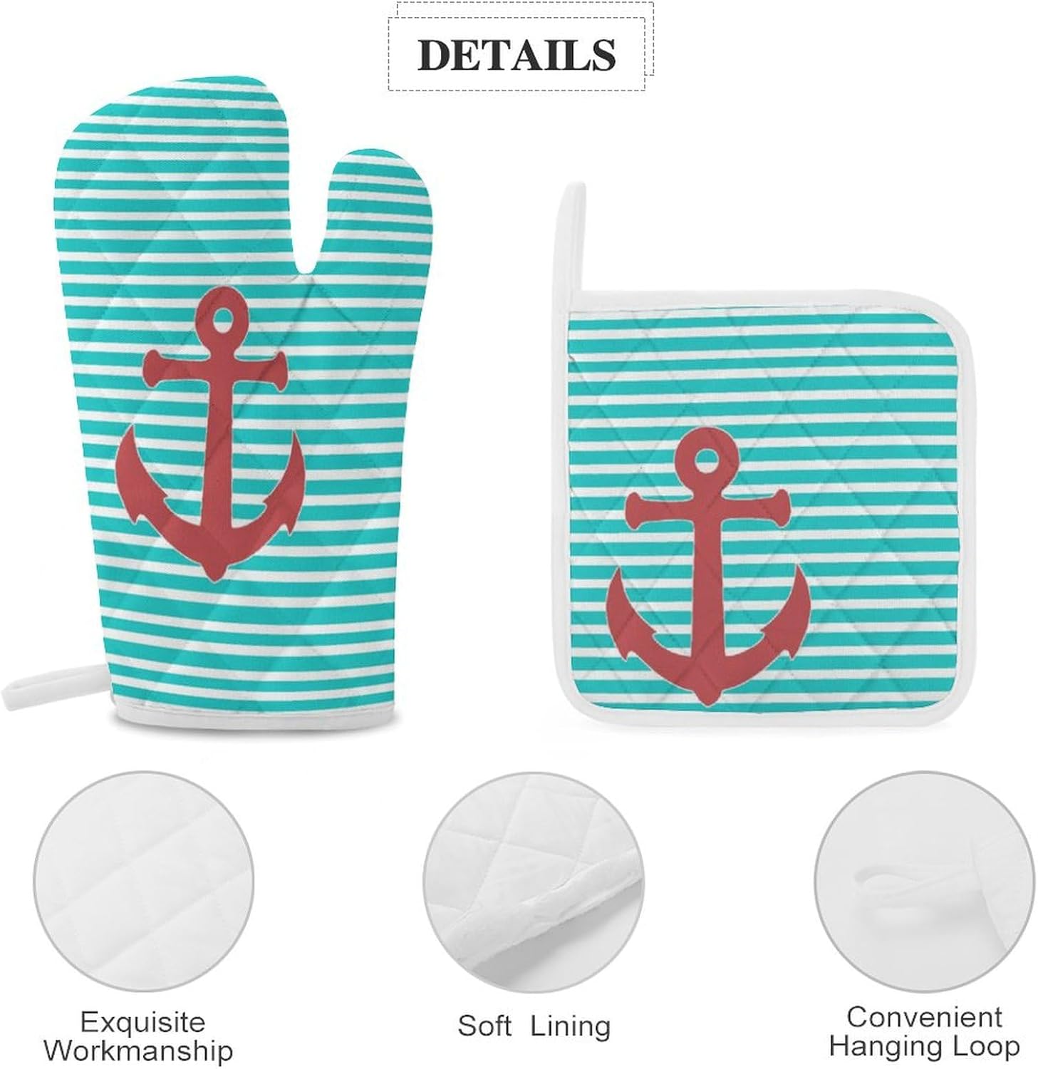 4PCS Oven Mitts and Pot Holders Sets, Stylish Anchor and Stripes Oven Mitts Set Heat Resistant Kitchen Microwave Gloves Safe for Baking,Cooking, BBQ