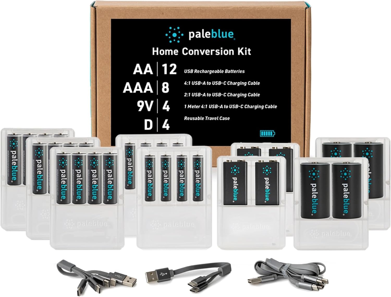 paleblue USB Rechargeable Battery Home Conversion Kit for Sustainable Living – Includes (12) AA, (8) AAA, (4) 9V, (4) D Batteries, and (3) USB-A to USB-C Charging Cables