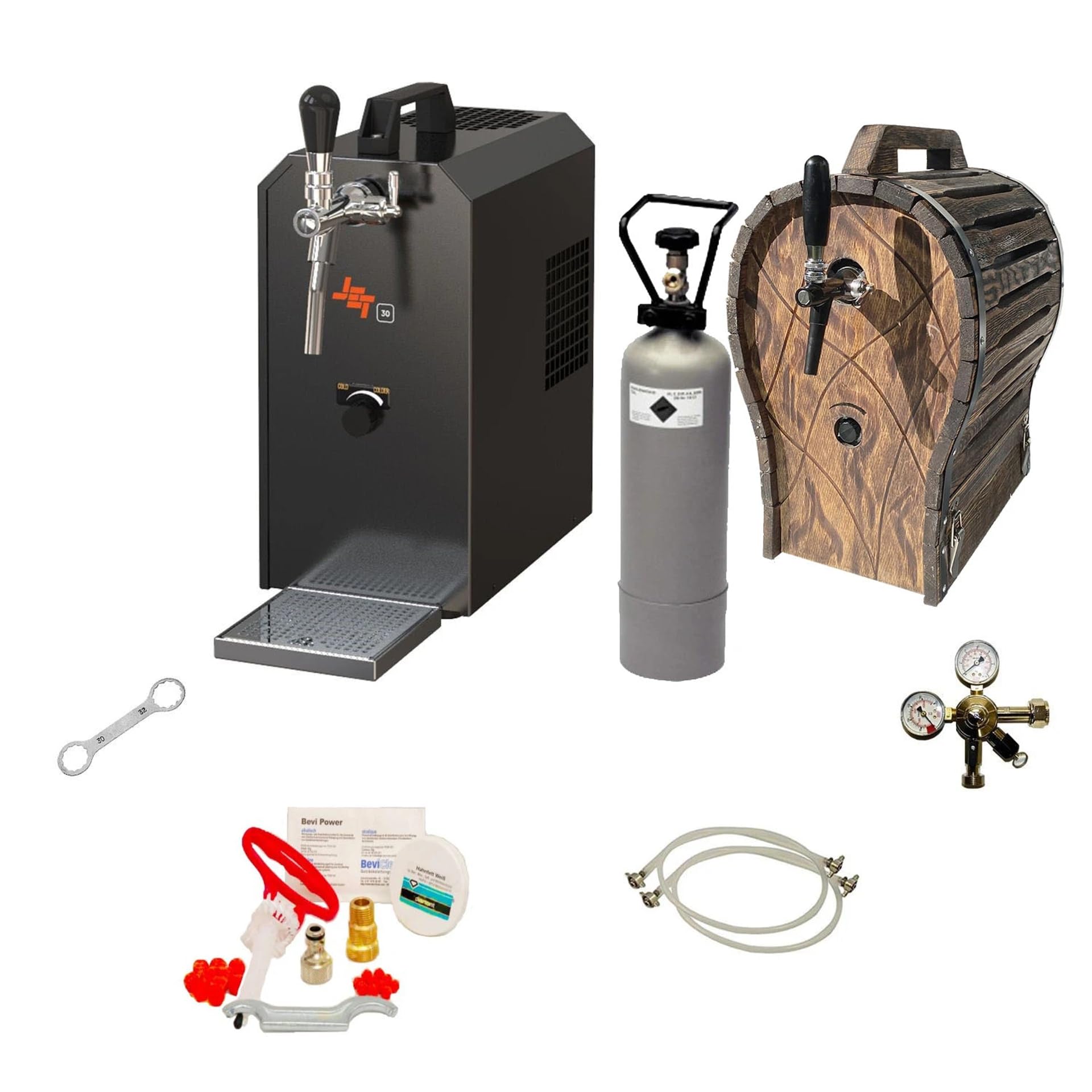 Komplett Set Zapfanlage Jet 30 Bierkoffer Durchlaufkühler 1-leitig bis 35 L/h mit Holzfass Reinigungsset CO2 Zubehör Edelstahl