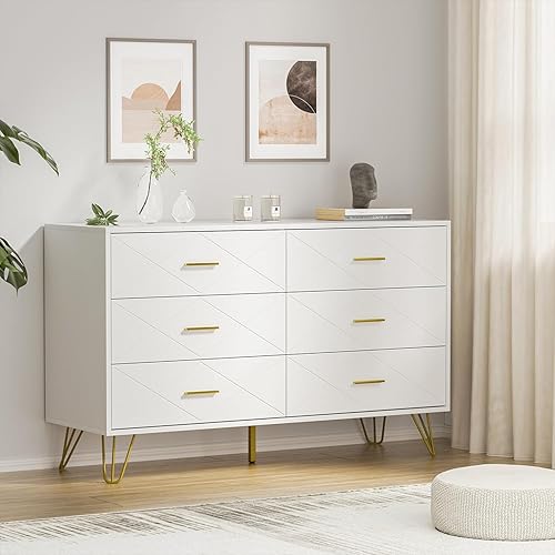 Miniatura 8 de BVFUKA Cómoda blanca para dormitorio, cómoda doble de madera con 6 cajones anchos y asas doradas, cómodas modernas y cómoda para pasillo, entrada