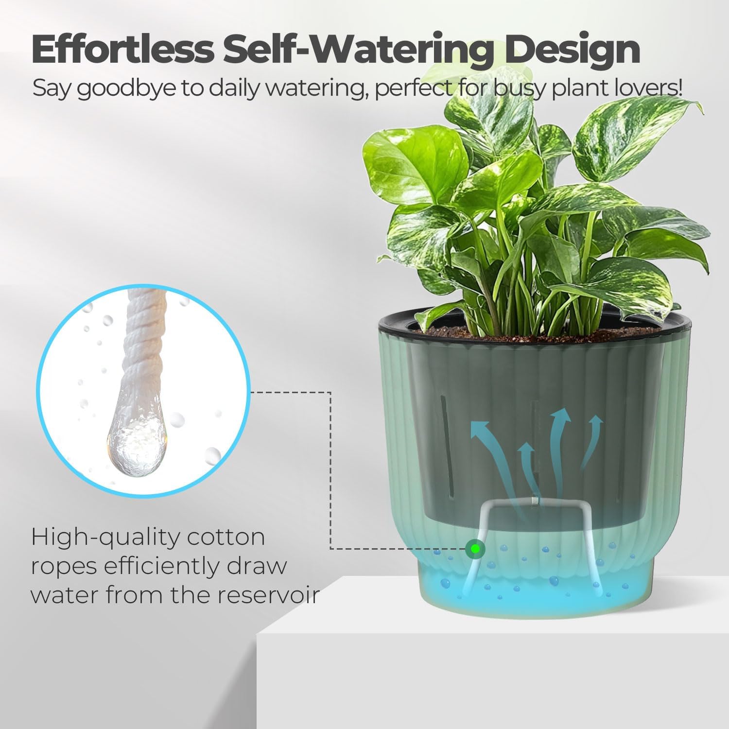 T4U 7 Inch Self Watering Pots for Indoor Plants, 4 Pack Plant Pots, Self Watering Planter for Indoor Plants, Durable Plastic Pots (4 Pack, 7", Green)