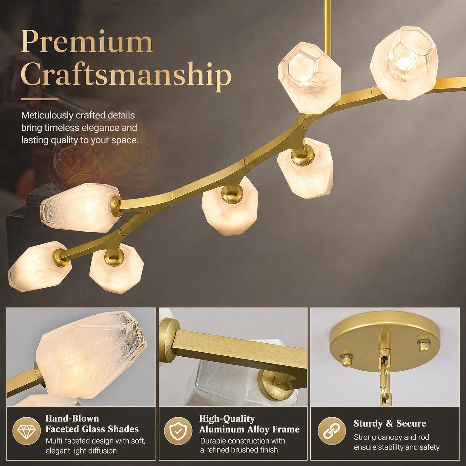 Modern Gold Linear Long Chandelier,70in Large 10-Light Branch Chandelier with Faceted Glass Shades,Adjustable Luxury Ceiling Light Fixture for Dining Room,Kitchen Island,Restaurant (Includes Bulb) image 4