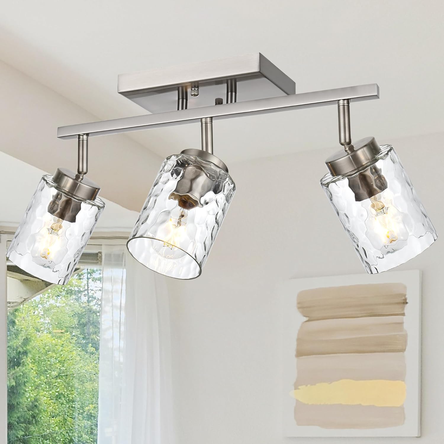 Track Ceiling Lighting,3 Light Vanity Lights for Bathroom Brushed Nickel Rotatable Track Head Wall Light Fixture with Clear Hammered Shade for Bedroom Cloakroom Entryway Balcony Hallway