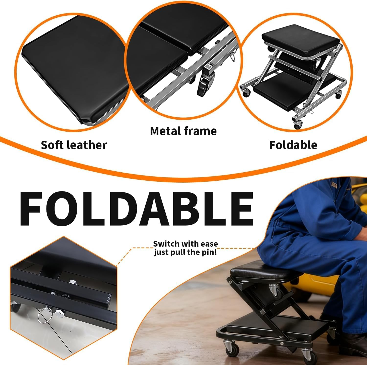 36" Folding Mechanics Creeper Seat, 350LBS, 2-in-1 Heavy-Duty