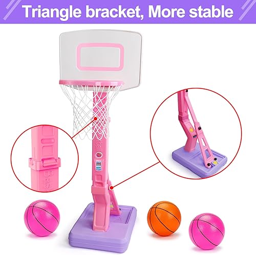 Miniatura 6 de Aro de baloncesto ajustable para niñas pequeñas, mini portería de baloncesto rosa con bomba de bola para exteriores, juguetes junto a la piscina