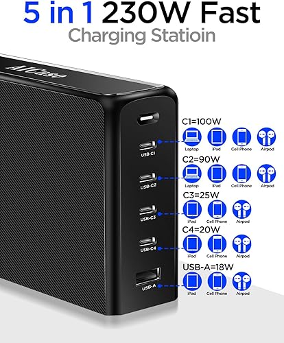 Miniatura 5 de AICase Cargador USB C de 230 W, cargador de escritorio GaN de 5 puertos, cargador USB C para MacBook ProAir, iPad, iPhone, Samsung Galaxy, Google,