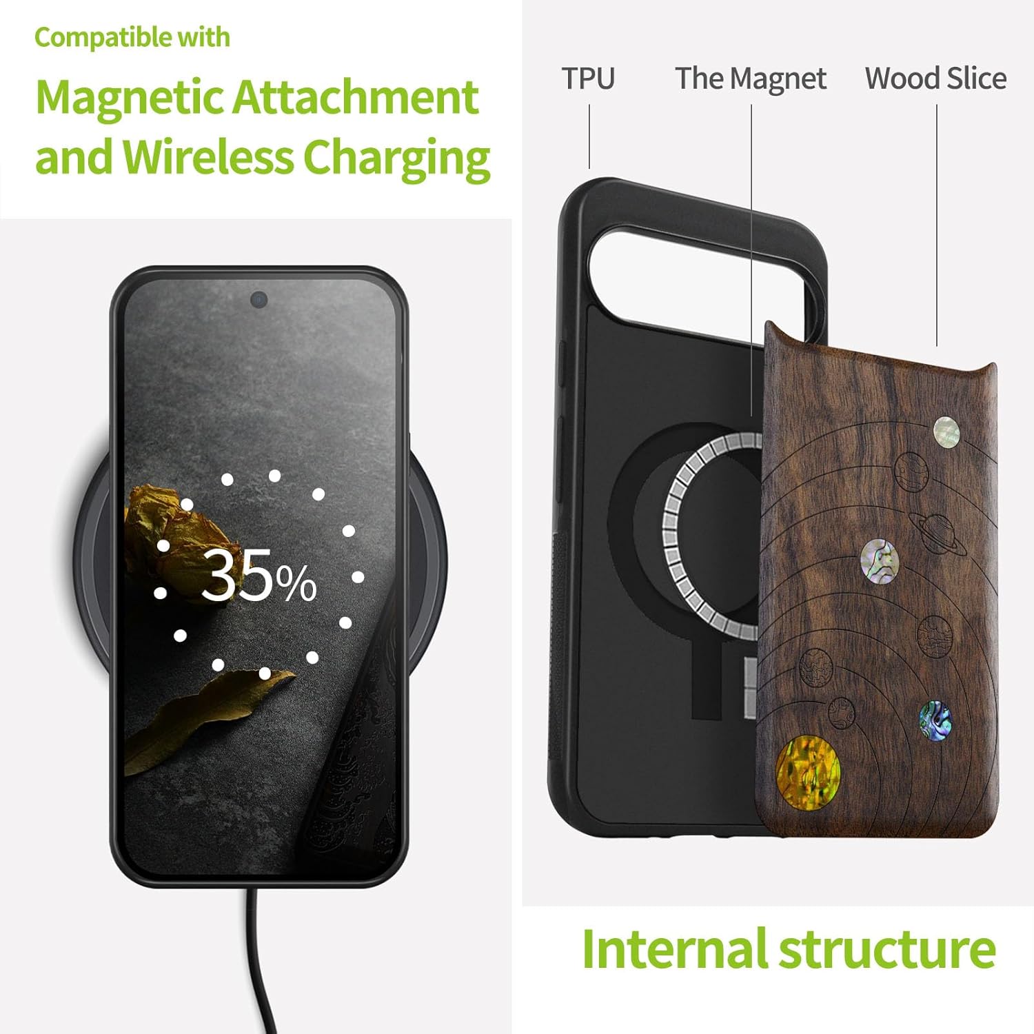 Carveit Magnetic Wooden Case for Google Pixel 9 Pro XL Case, Wood Artisan Engraved & Handmade Shell Inlaid, Compatible with MagSafe Wireless Chargers, Solar System - Walnut