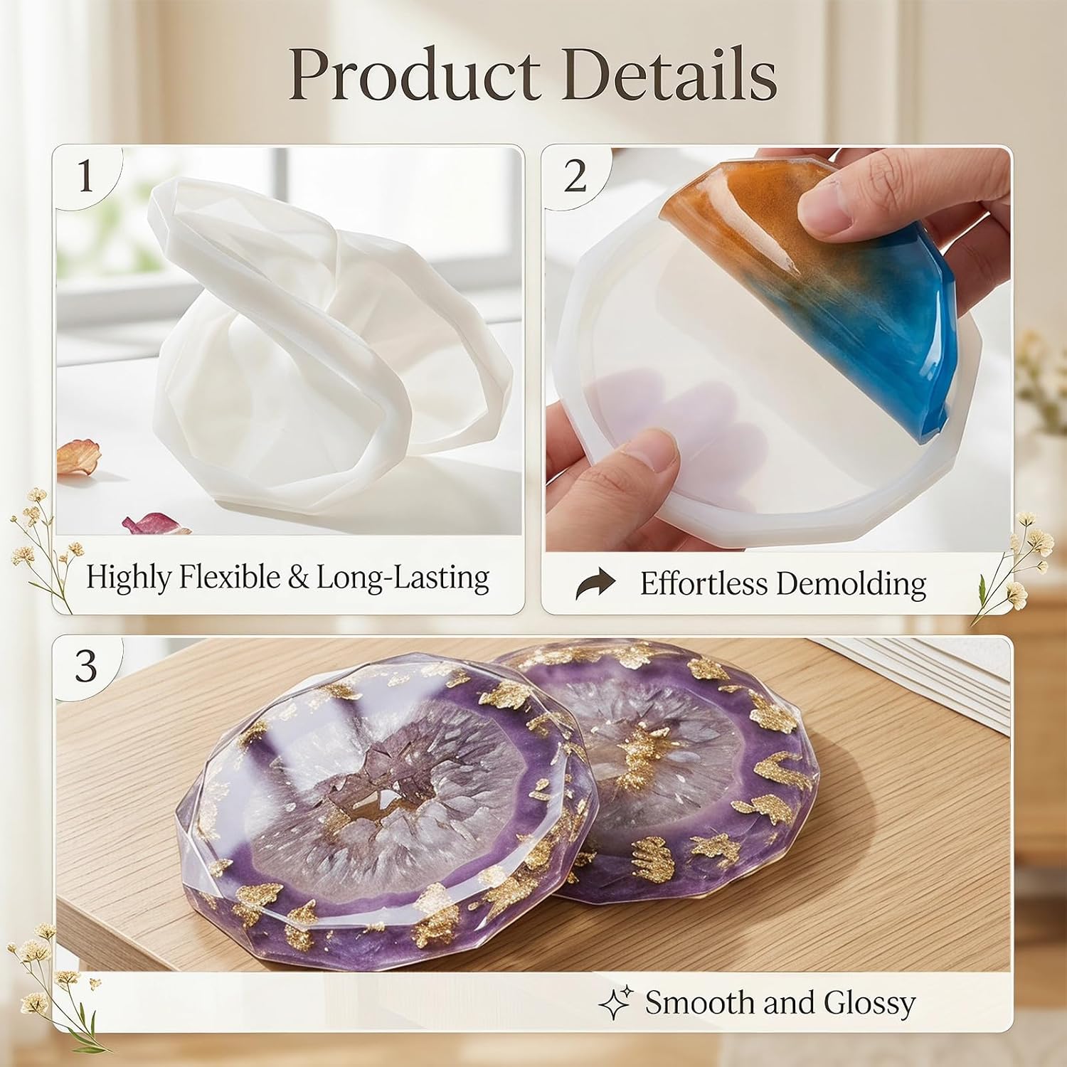 Avxdbr 4Pcs Resin Coaster Molds Round Coaster Diamond Edge Crystal Silicone Molds for DIY Making Resin Coasters Cups Mat