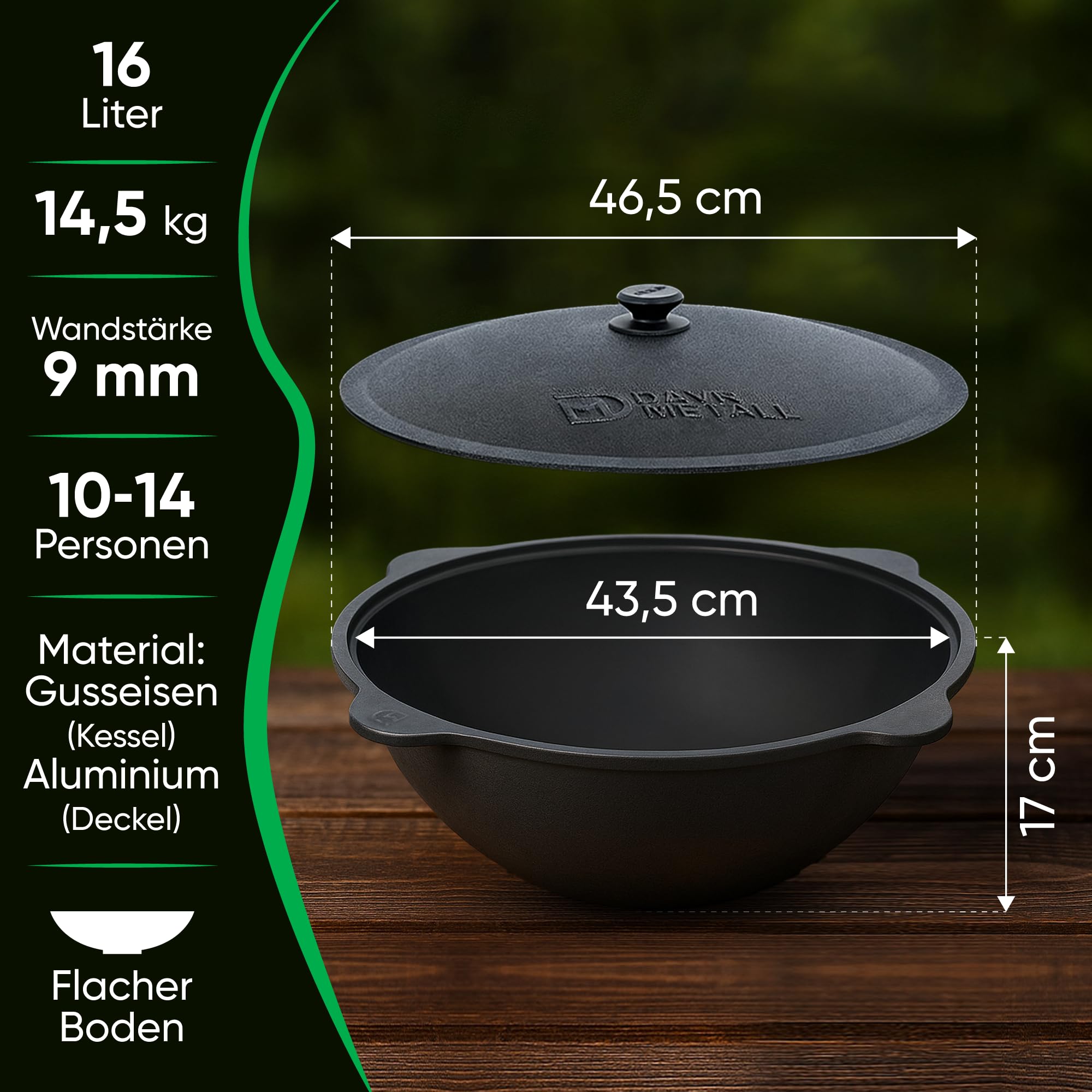 Utschak Feuerofen Ø 44 cm 2 mm Stahl mit Thermometer Usbekische Kazan 16 L runder Boden 2 Schaumlöffel 48 cm Schaumlöffel 64 cm Schöpfkelle 48 cm Löffel und Spatel 35 cm Kazan Gusseisen (Set 6)