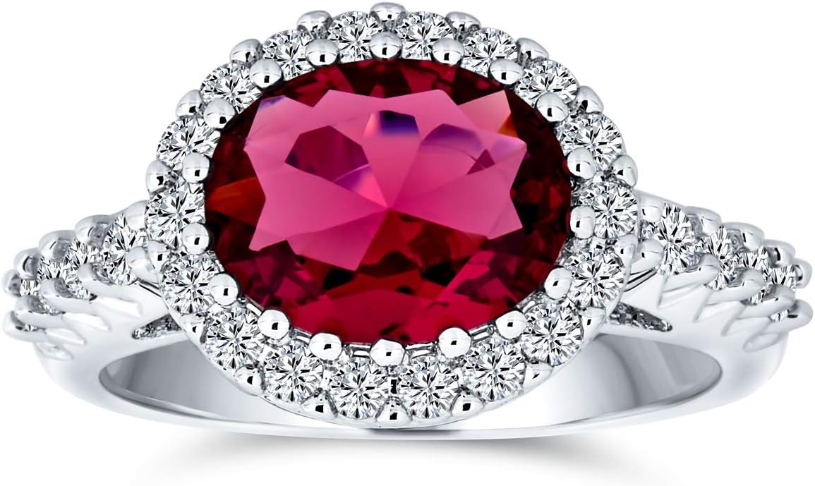 Bling Jewelry Vintage Art Deco Style 3ct Oval CZ Pave Simulated Red Garnet Emerald Green Cocktail Statement Fashion Ring for Women Silver Plated Brass Customizable - Image 2