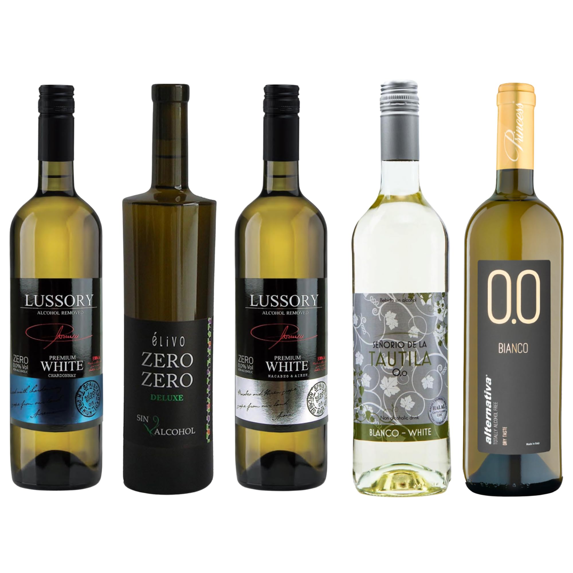 Non-Alcoholic White Sampler - Five (5) Bottles 750ml Each - Featuring Elivo Cardio White, Lussory Airen, Zero Zero White, Bianco Dry, and Tautila Blanco (USA, Spain, Italy)