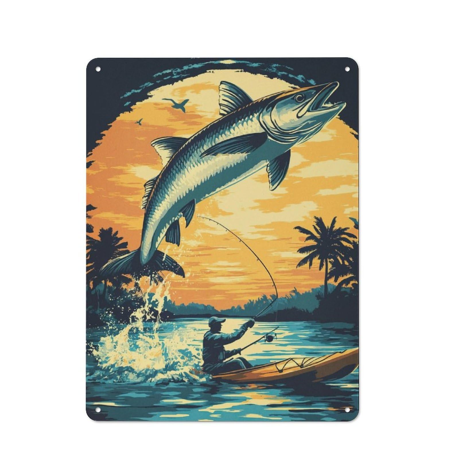 Junmoney Fishing Sunset Landscape Tin Wall Sign 40X30cm, Character Room Wall Plaque For Bedroom, Kitchen, Office Or Living Room