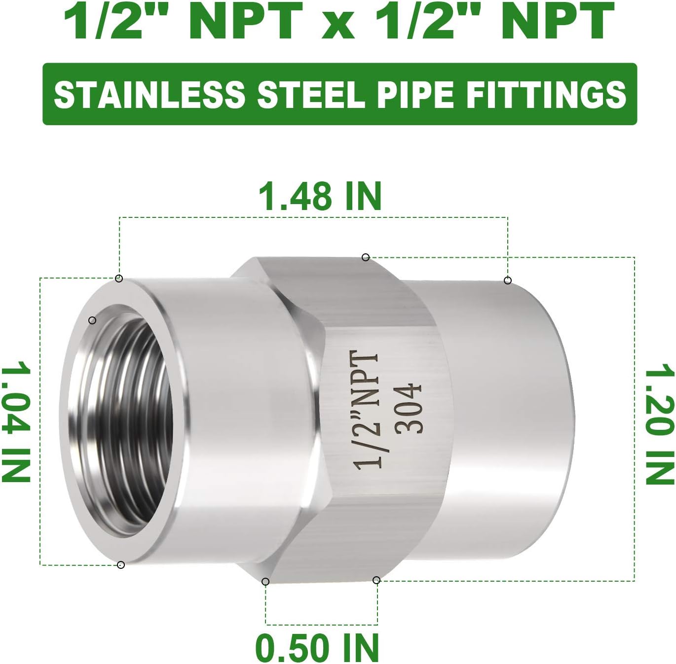 TAISHER 5PCS Forging of 304 Stainless Steel Pipe Fitting, Coupling, 1/2-Inch Female Pipe x 1/2-Inch Female Pipe Fittings
