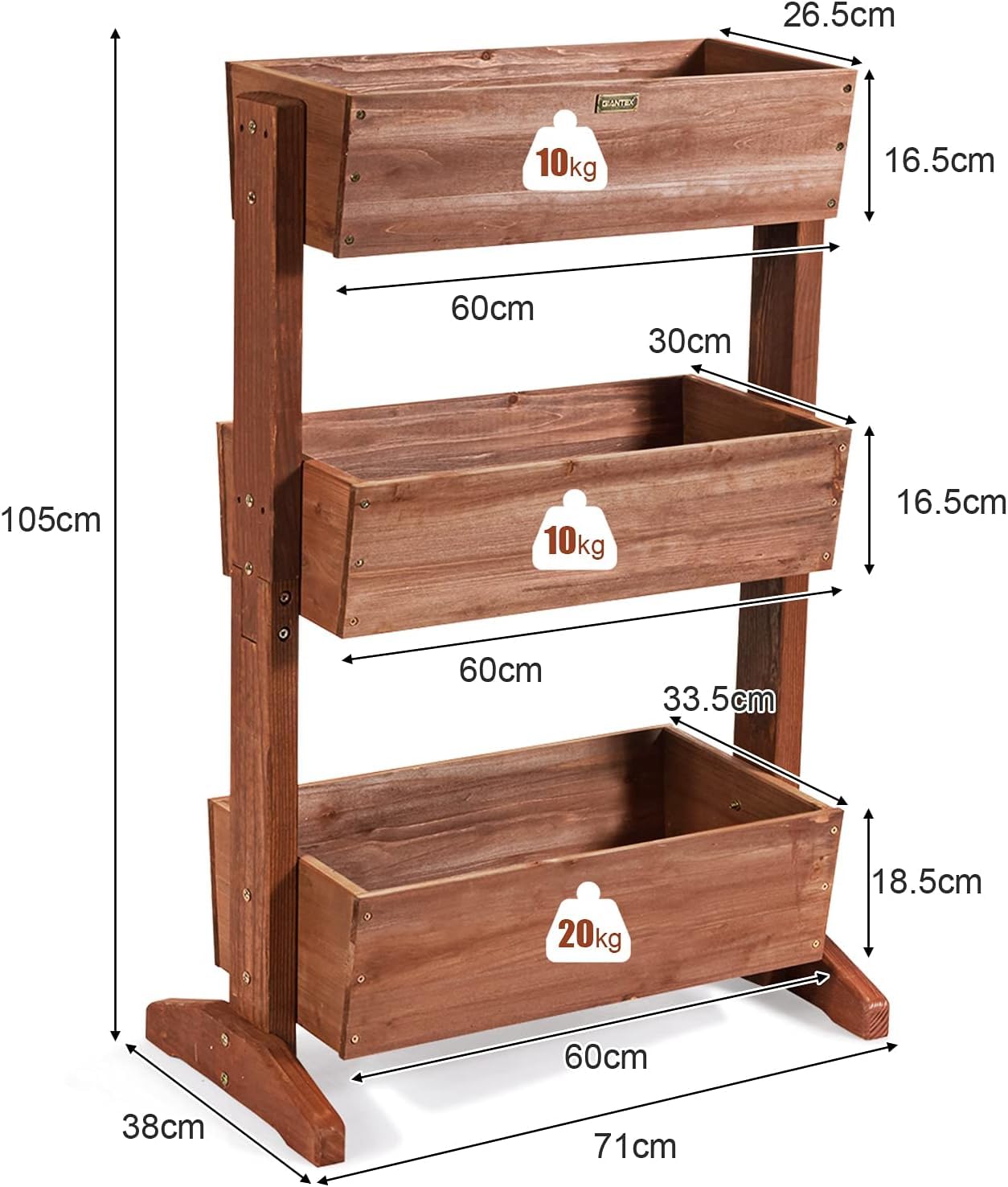 RELAX4LIFE Huerto Urbano de Madera de Abeto con 3 Macetas, Jardinera Vertical con Inclinación Ajustable y 2 Agujeros de Drenaje para Verduras, Flores, Frutas, Hierbas, Soporte Plantas, 71x38x105cm