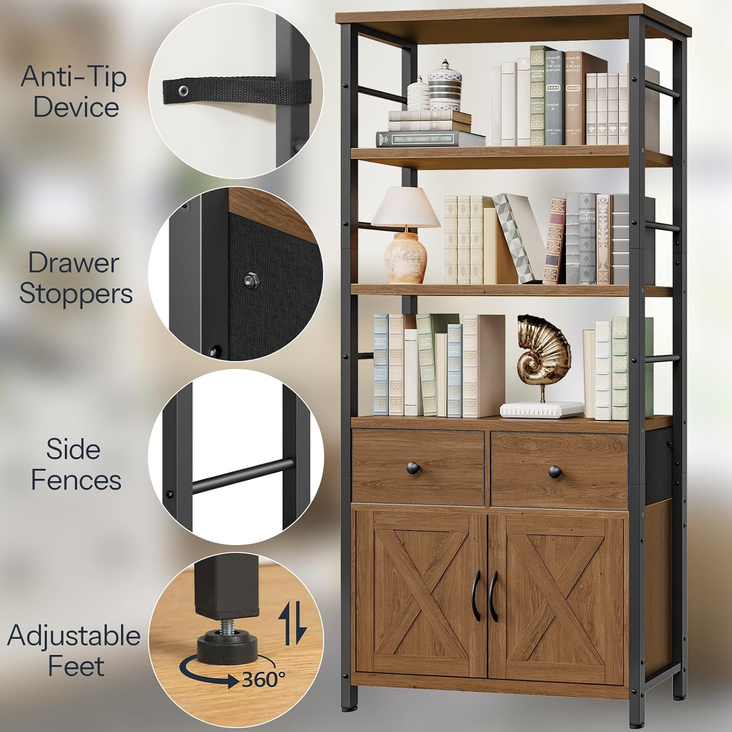 HOOBRO Computer Desk and 5-Tier Bookshelf Bundle, Home Office Desk with Power Outlet, Tall Bookcase with Doors Storage & Drawers, Home Office, Farmhouse Display Rack, BF40UDN01-BH75SJ01