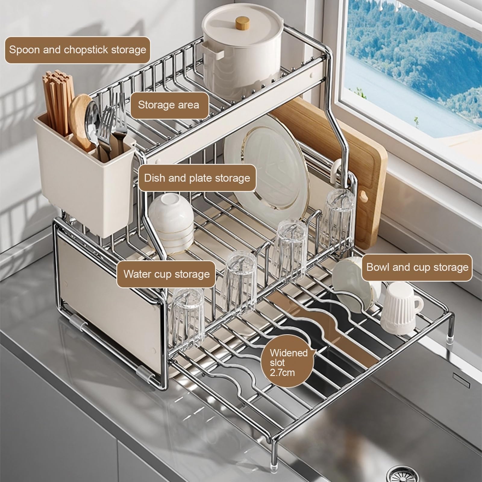 Escurridor de platos extensible, escurridor de platos grande para encimera de cocina, organizador de fregadero con almacenamiento dividido