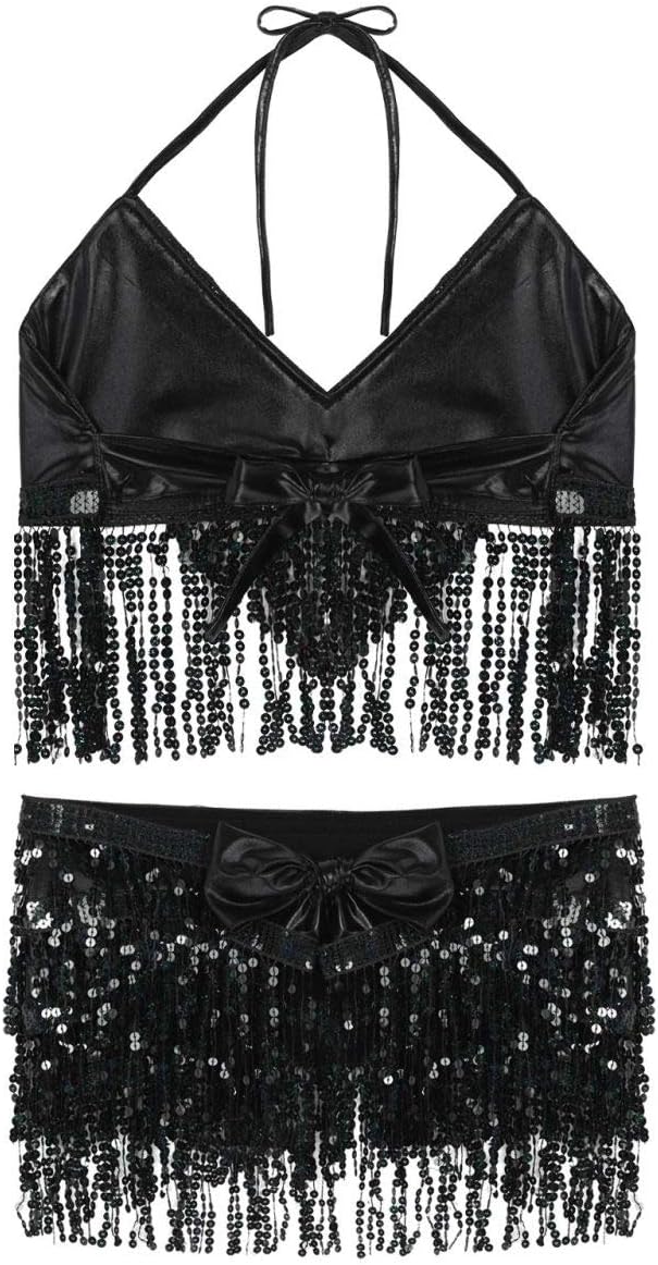 Shinsto Women's Shiny Sequins Belly Latin Tassel Dance Dress Halter Crop Top Fringe Skirts Outfit