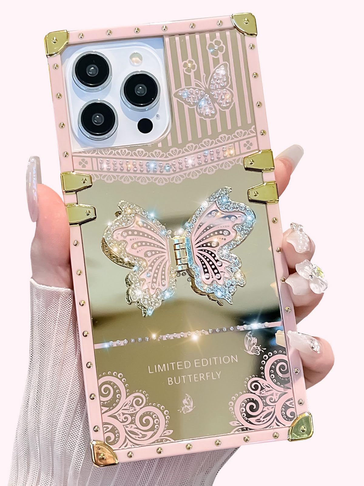 TRODINO Cute Compatible with iPhone 13 Pro Max Case, Luxury Bling Butterfly Design with Foldable Stand Kickstand for Women & Girls, Glossy Mirror