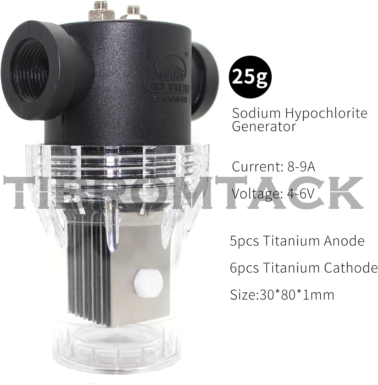 TIBROMTACK Sodium Hypochlorite Generator 25g/h MMO Titanium Electrodes Electrolysis Cell Contains 5 Pieces Titanium Anode and 6 Pieces Titanium Cathode, GHR089