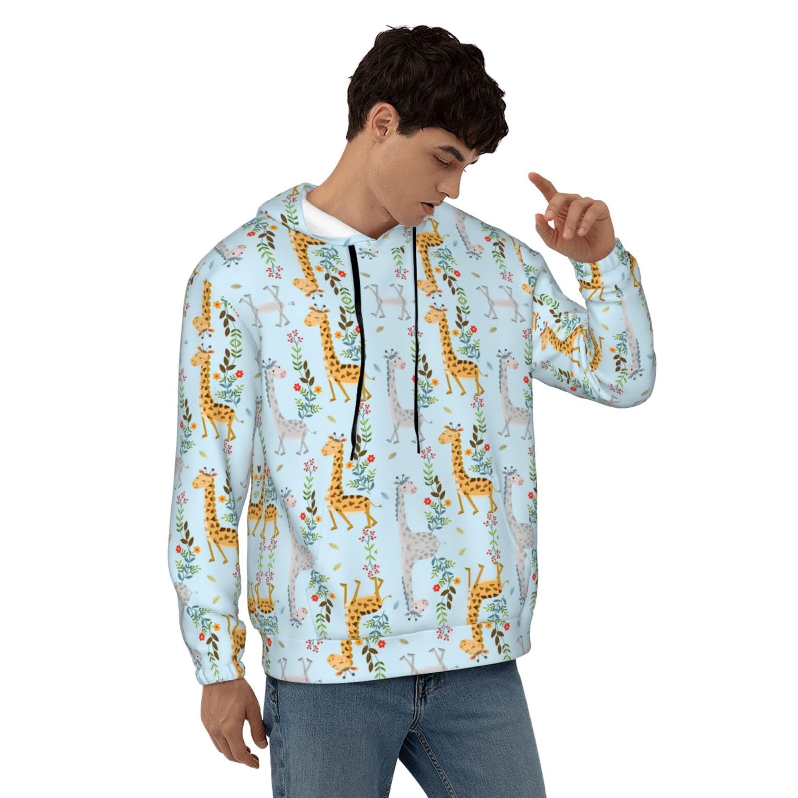 Męska bluza z kapturem z uroczym nadrukiem w kwiaty żyrafy, casualowa grafika z nadrukiem bluzy z kapturem z kieszenią