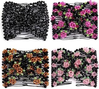 Umibow 4 Pcs Magic Easy Combs Stretchable Double Hair Comb Clips Hair Bun Makers Elastic Beaded Rose Hair Clips Hair Accessories for Women