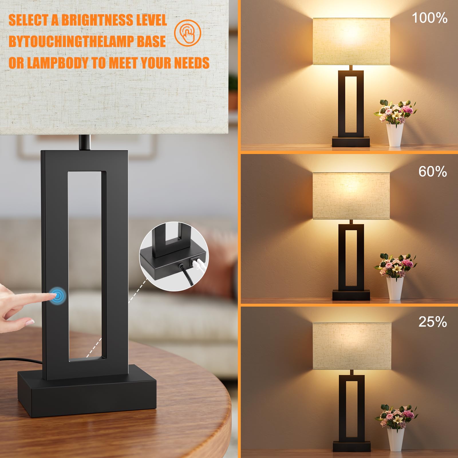 Nachttisch-Tischlampen für Schlafzimmer, Touch-Nachttischlampe mit USB C + A, 3-Wege-dimmbar, Wohnzimmerlampen für Beistelltische, 2er-Set, moderne Nachttischlampen für Bett, Seite, Gästezimmer