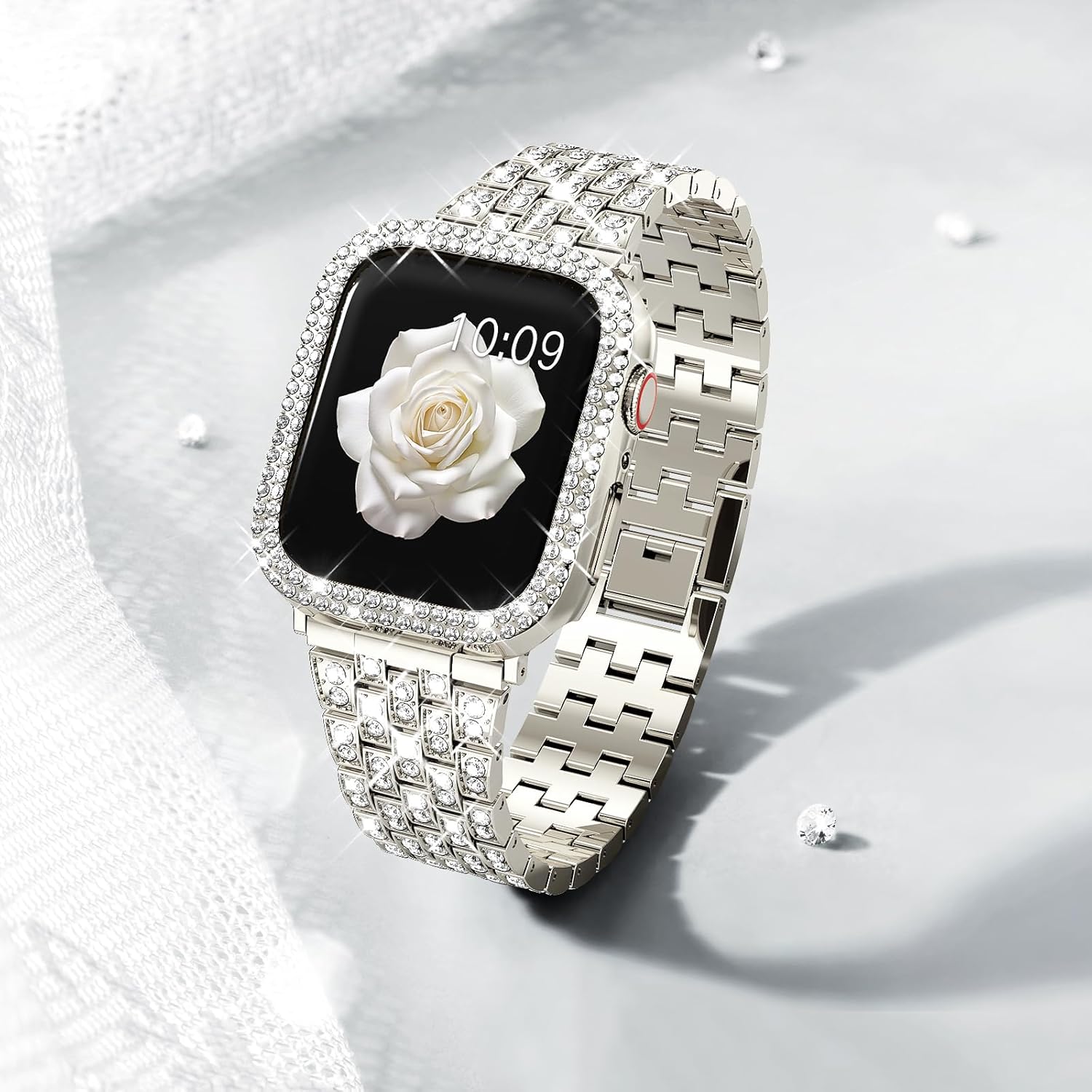 Supoix Compatible with Apple Watch Band 38/40/41/42/44/45/46/49mm+ Case, Women Jewelry Bling Diamond Rhinestone Replacement Metal Bands & 2 Pack PC Protector Case for iWatch Ultra 3/2/1 Series 11/10/9/8/7/6/5/4/3/2/1/SE