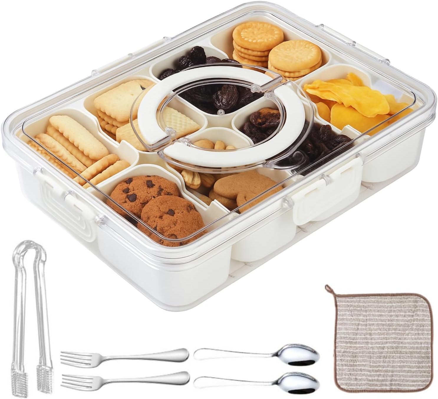 Rotating Snackle Box Container 2 Pack with Lid and Handle | 6 Compartment Round Lazy Susan 360° Divided Serving Tray, Portable Clear Organizer for Fruit, Candy, Veggies, Charcuterie, Party & Picnic