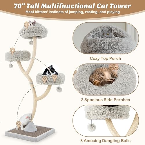 Miniatura 5 de PETSITE Árbol para gatos de 70 pulgadas de alto, torre para gatos con postes rascadores y tabla, torre para gatos de varios niveles para gatos