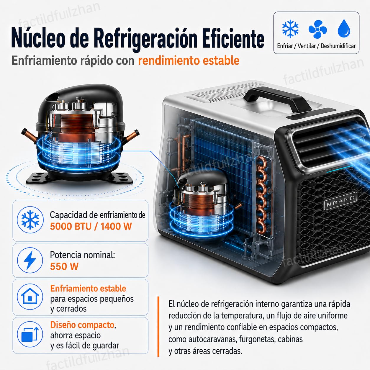Aire acondicionado portátil 220V-240V 1400W 5000BTU Nuevo modelo Gray-220V | Refrigeración para 8-10 m² con deshumidificación, modo sueño, temporizador y pantalla LCD táctil para hogar y oficina.