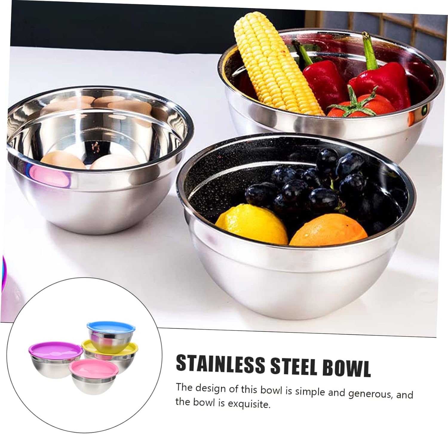 4-pc Stainless Steel Salad Bowl Set Large Extra Bowl for Dinner Soup Dessert Snack Sharing