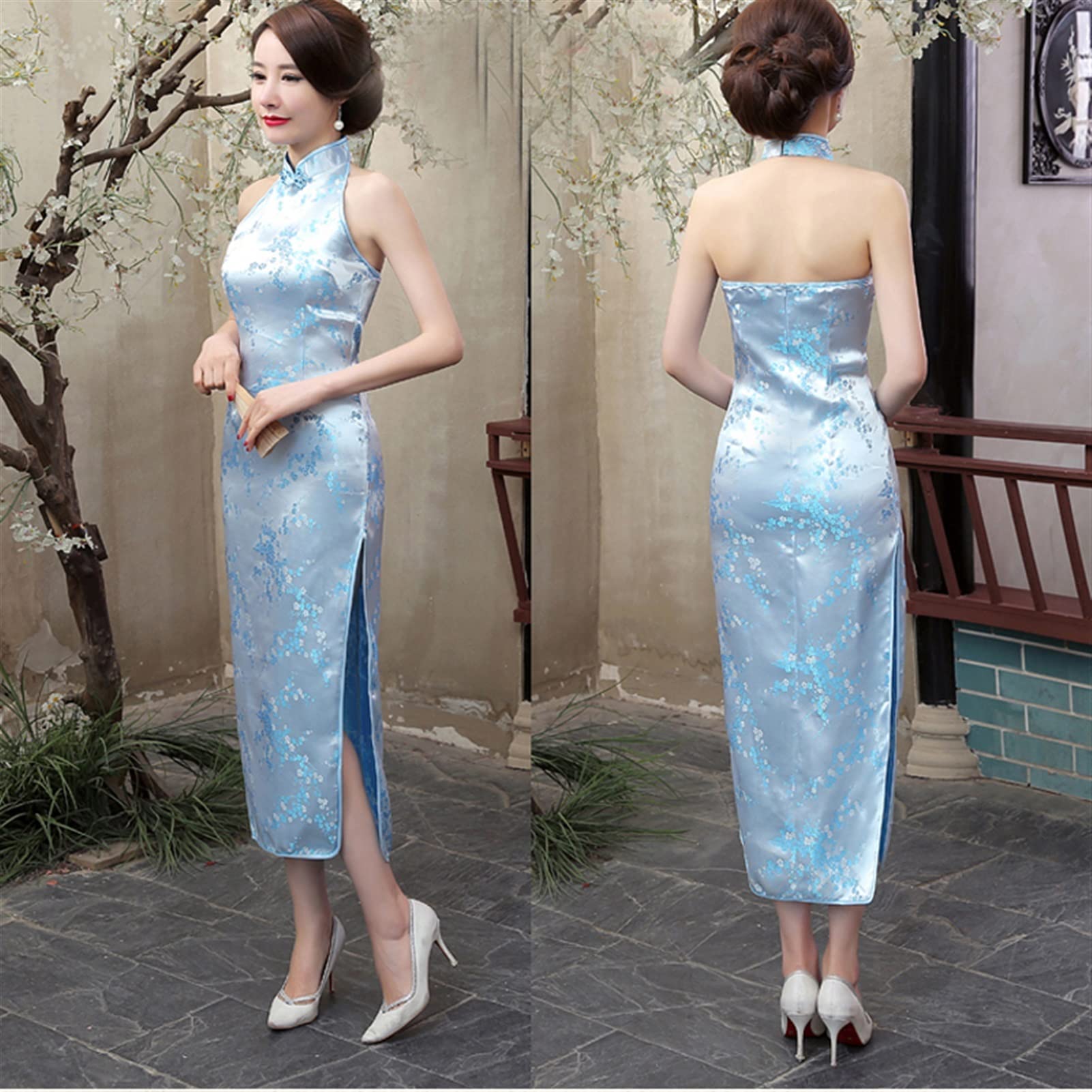 Amazon.com: Navy Blue Vintage Lady Satin Evening Dress Chinese Novelty  Backless Cheongsam Qipao Flower Size (Color : Gold, Size : XXXL) : Clothing,  Shoes & Jewelry